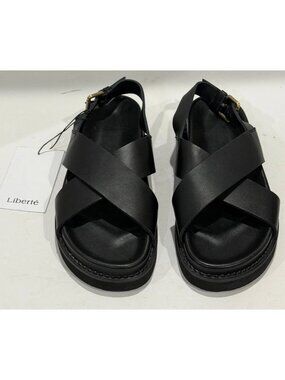 NWT Liberte Leather Sandals Black Capri Sandal Buckle Sz 38 Womens 7.5 Minimalst